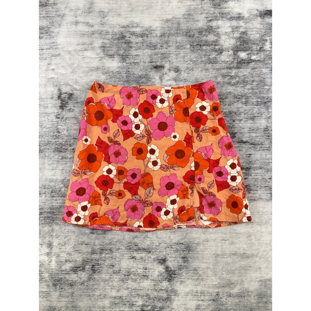 Urban Outfitters Floral Mini Skirt Orange Pink Linen Blend Retro 70s XS